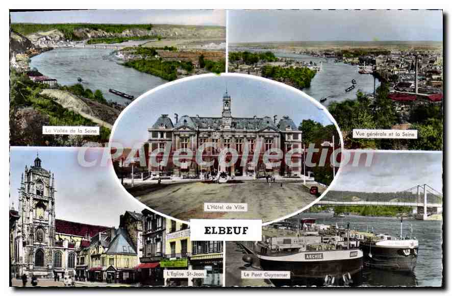 Elbeuf — Vue panoramique avec la Seine, l'Hôtel de Ville, l'Église Saint-Jean et le Pont Guyrannier — Éditions ARTAUD Frères et Fils, Nantes