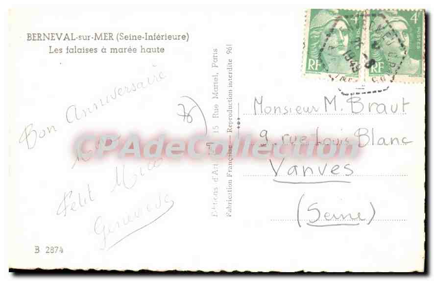 CPA Berneval Sur Mer Les Falaises A Maree Haute — Rückseite