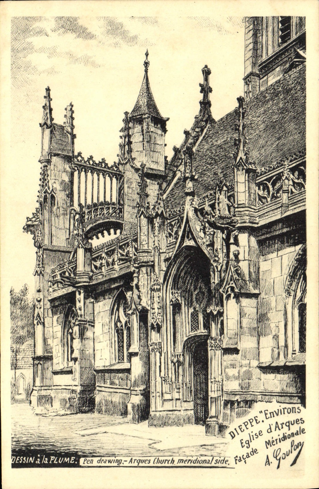 CPA Dieppe Environs Eglise D'Arques dessin à la plume Goulon