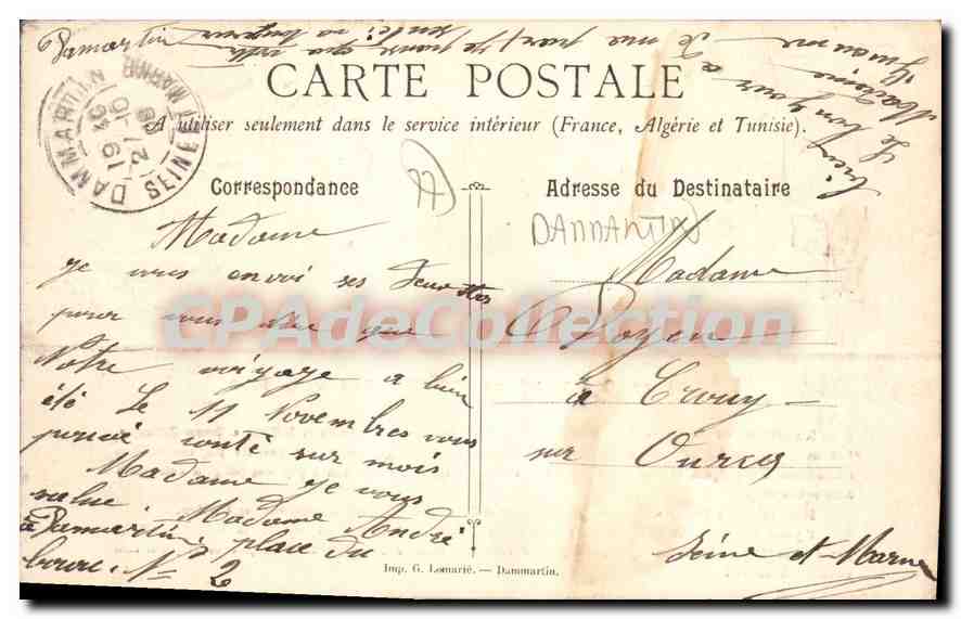 Bourg et Château de Dammartin — d'après un dessin de l'époque — Imp. G. Léonard, Dammartin — Verso