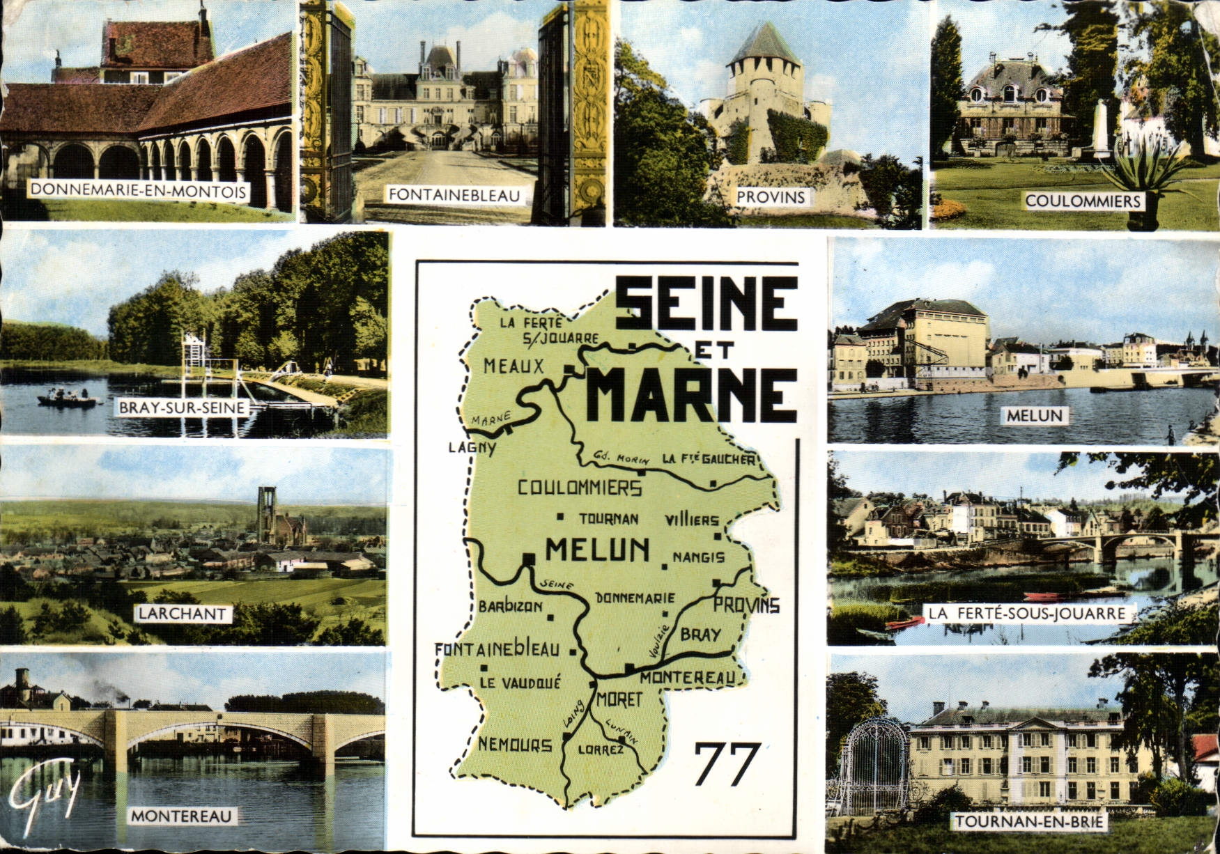 Seine-et-Marne — Carte postale panoramique avec carte du département — Éd. André LECONTE, n° C 9 007