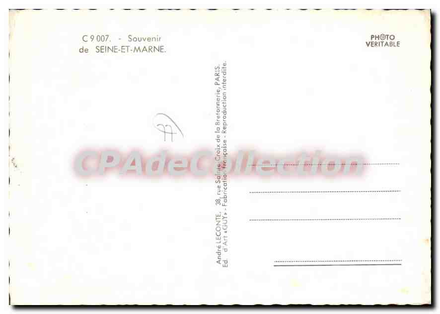 Seine-et-Marne — Carte postale panoramique avec carte du département — Éd. André LECONTE, n° C 9 007 — Verso