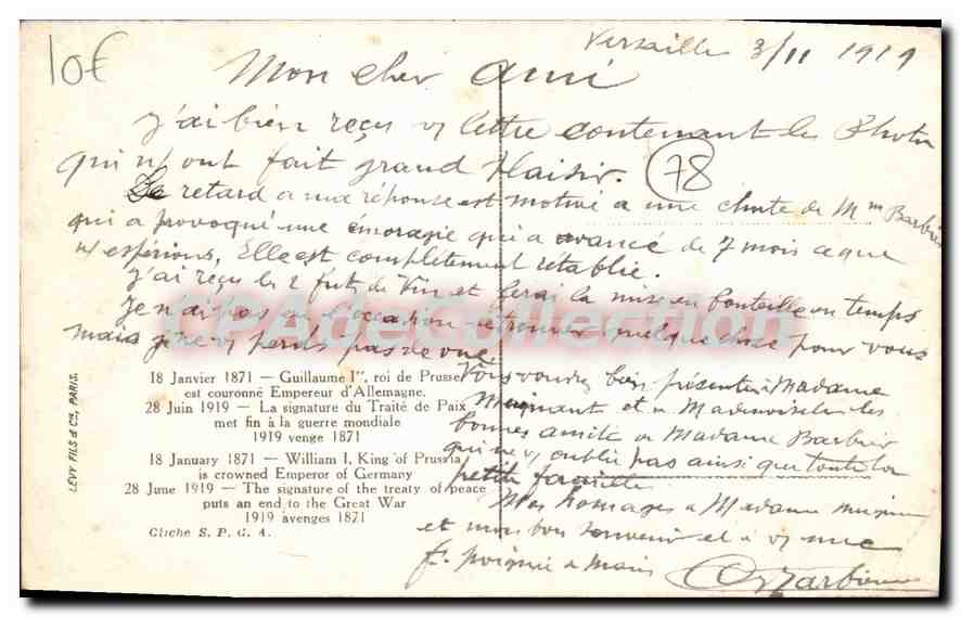 Versailles — Signature de la Paix — 28 Juin 1919 — Verso