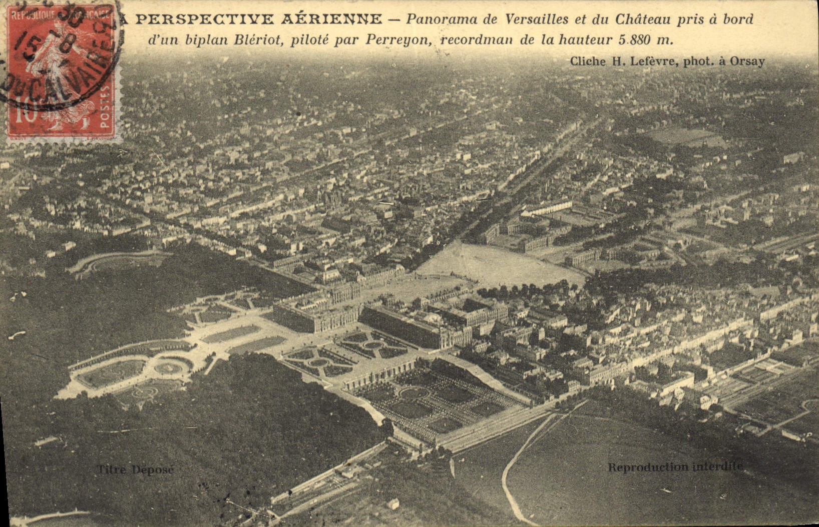 Versailles et le Château — Panorama aérien pris à bord d'un biplan Blériot piloté par Perreyon, recordman de la hauteur 5.880 m — Cliche H. Lefèvre, phot. à Orsay
