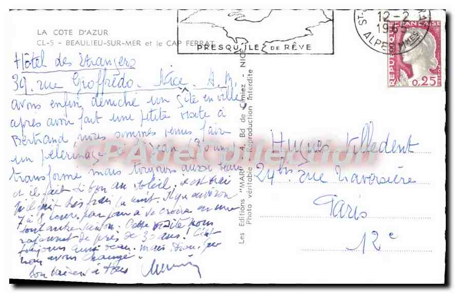 Vue aérienne de la Côte d'Azur — Beaulieu-sur-Mer et le Cap Ferrat — Éditions 'MARIE' — Verso
