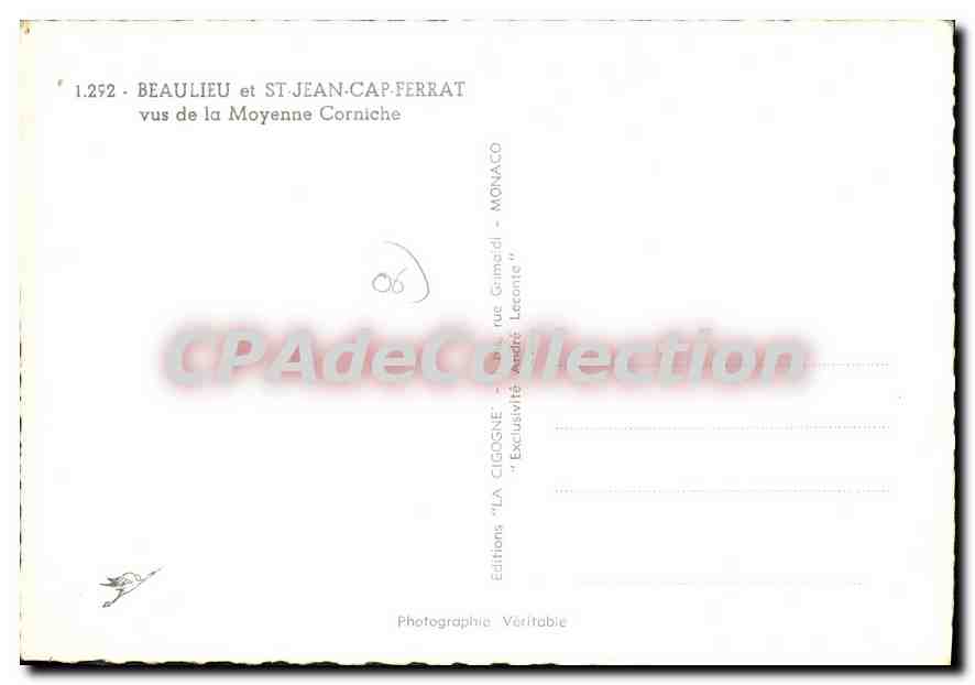 Beaulieu et Saint-Jean-Cap-Ferrat — vus de la Moyenne Corniche — Éditions 'LA CIGOGNE' — Reverso