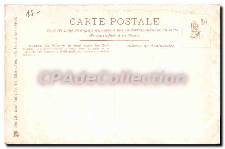 Menton — La ville et le quai entre les palmiers — Galet, série 765 — Achterkant