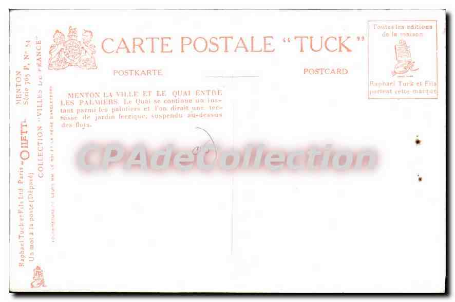 Menton — La ville et le quai entre les palmiers — Tuck & Co. n° 54 — Verso