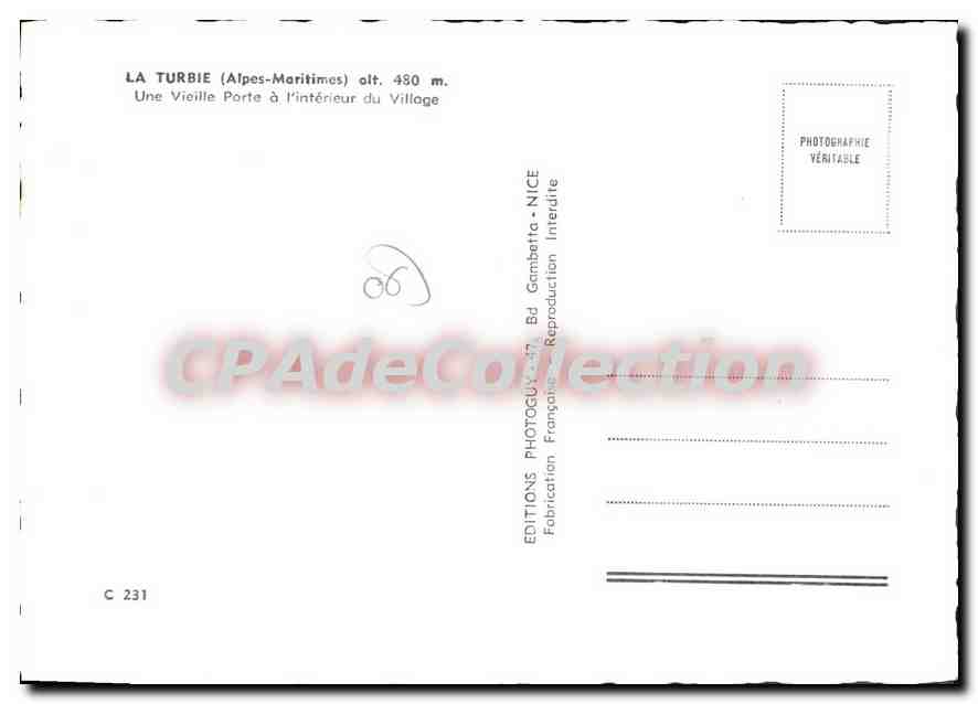 La Turbie — Porte intérieure du village — Éditions Photoguys-Nice, n° C 231 — Reverso