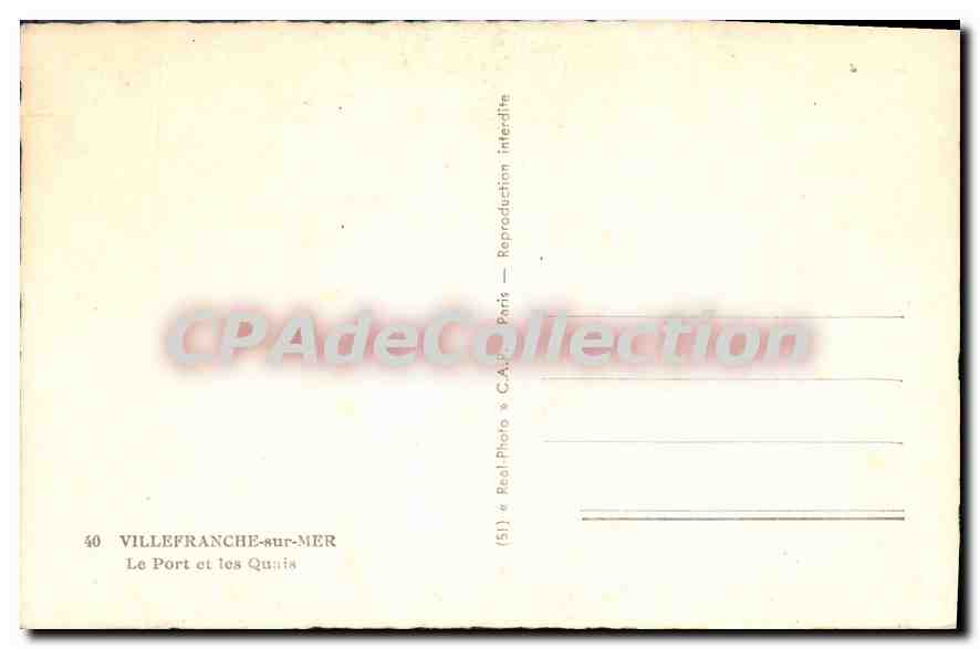 Villefranche-sur-Mer — El Puerto y los Muelles — Editor C.A.P. Photo, París, n°40 — Reverso