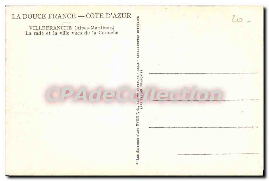 Villefranche (Alpes-Maritimes) — La rade et la ville vues de la Corniche — Les Éditions d'Art Yvon, Paris — Verso