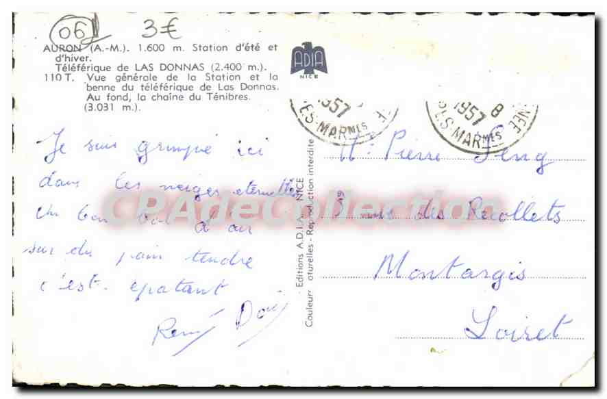 CPA AURON vue générale et la Benne téléférique de LAS DONNAS — Verso