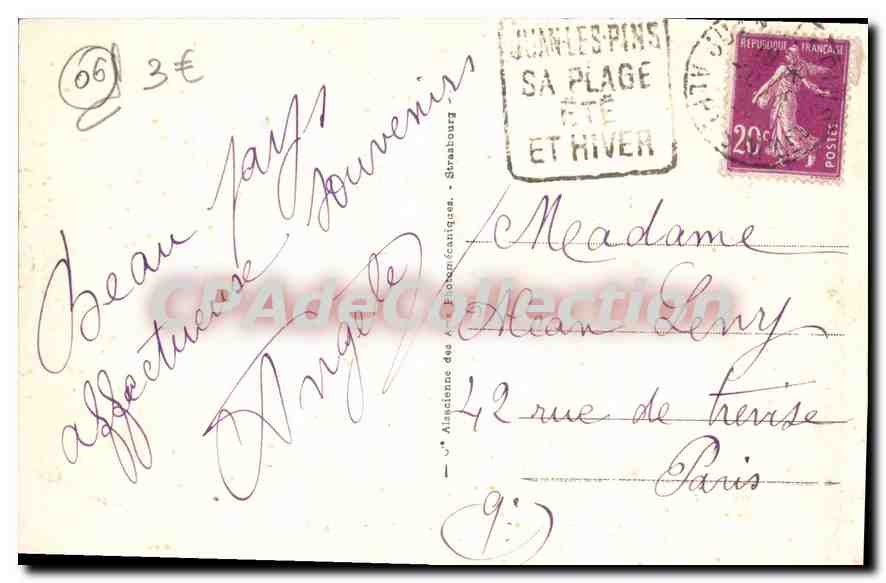 Juan-les-Pins — La Promenade et la Plage — CPA n°177, éditeur AHE — Reverso