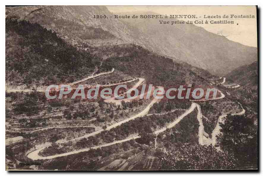 Route de Sospel à Menton — Lacets de Fontanin — Vue prise du Col à Castillon — Éditeur : Giletti, Nice