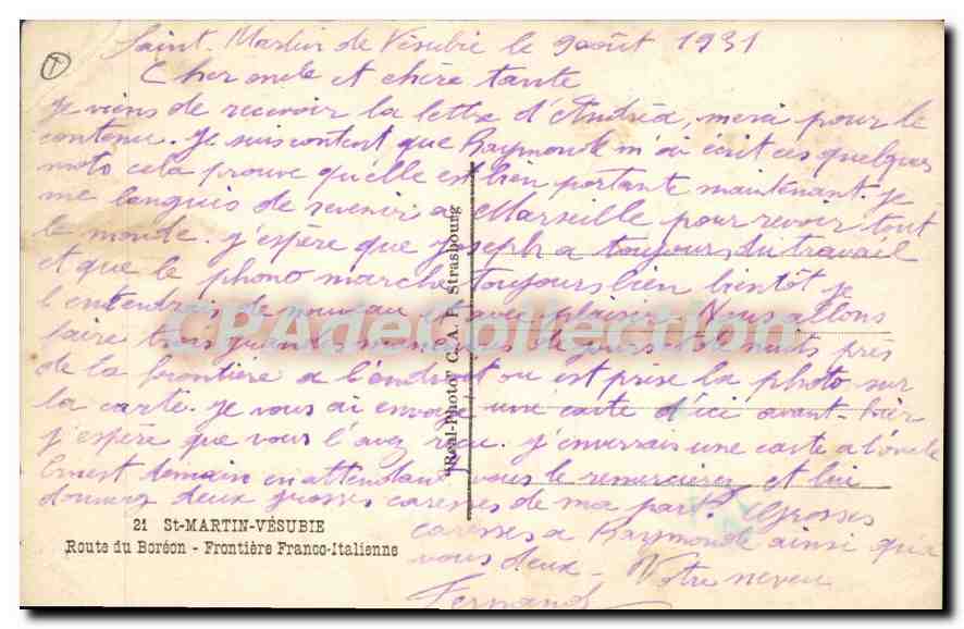 Grenze Frankreich-Italien — Saint-Martin-Vésubie — Verlag C.A.D. Nr. 21 — Rückseite