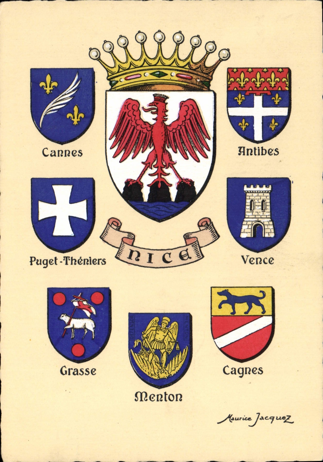 CPSM blasons Cannes Antibes Puget-Théniers Vence Grasse Menton Cagnes Nice Maurice Jacquez