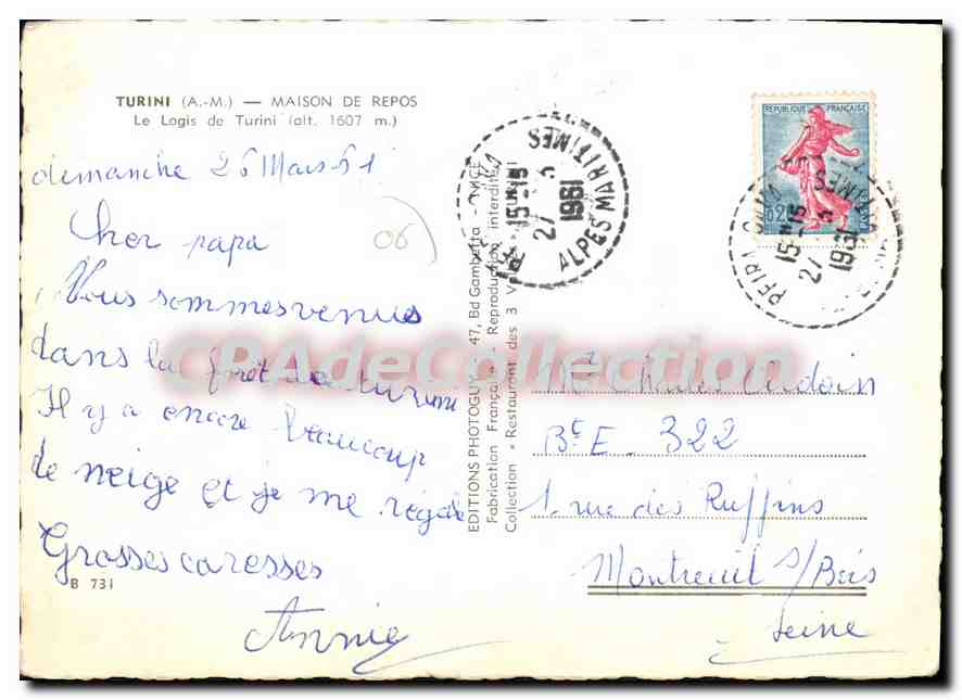 CPSM TURINI maison de repos le logis de Turini — Verso