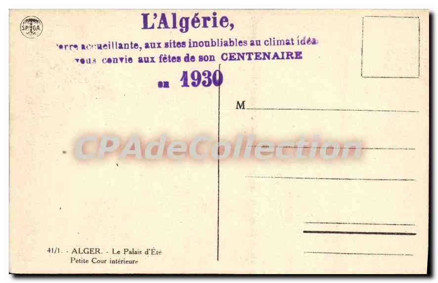 Algérie — Le Palais d'Été, Petite Cour intérieure — SPAGA, n° 41/1 — Verso