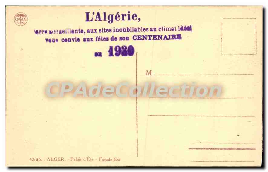 CPA ALGER palais d'été du gouverneur façade Est — Back
