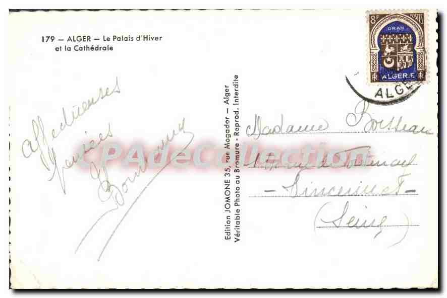 Alger — Le Palais d'Hiver et la Cathédrale — Édition JOMONE — Verso