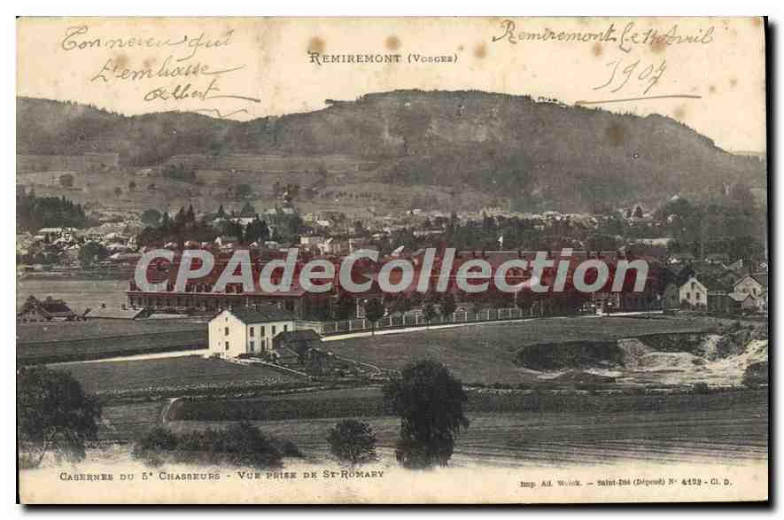 Cabannes du 5e Chasseurs - Vue prise de St-Romary — Remiremont (Vosges) — Imp. A. Wolk, Saint-Dié (Dép. Vosges) N° 4129