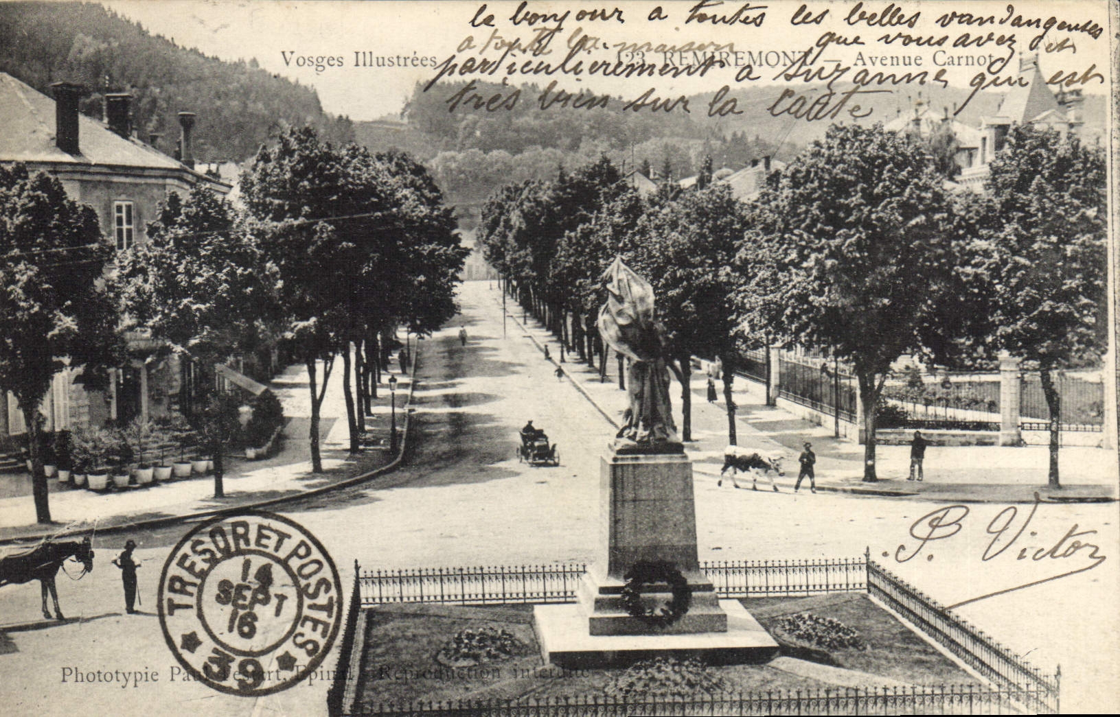 Avenue Carnot à Remiremont — statue monumentale — Vosges Illustrées, Phototypie Paris, n° 29