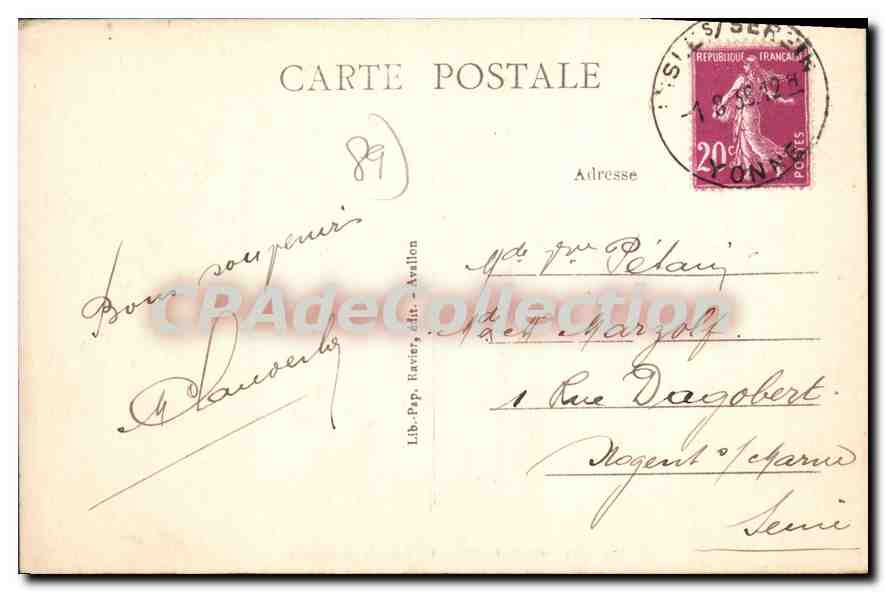 L'ISLE-sur-SEREIN — Un coin de la Rivière — Lib. Pap. Ravière, édit. Avallon n°58 — Verso