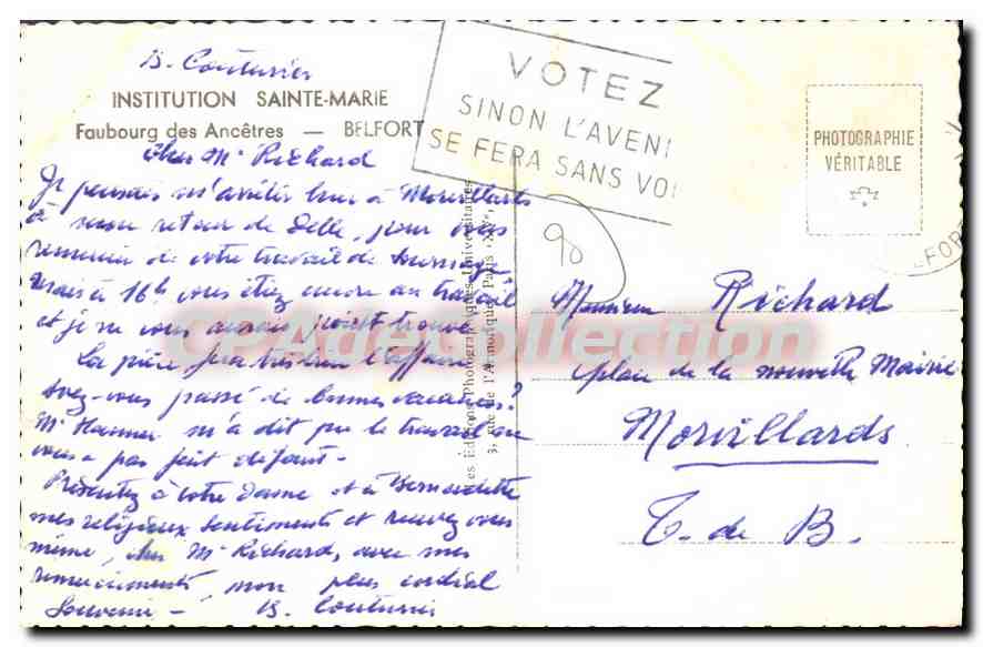 CPA institution Sainte Marie Faubourg Des Ancetres Belfrort — Verso