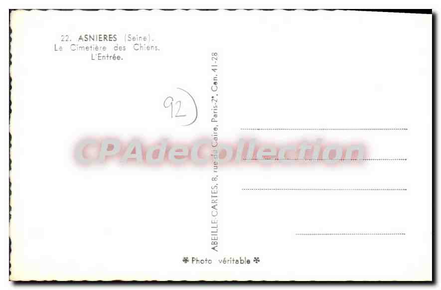 CPA Asnieres Le Cimetiere Des Chiens L'Entree — Rückseite