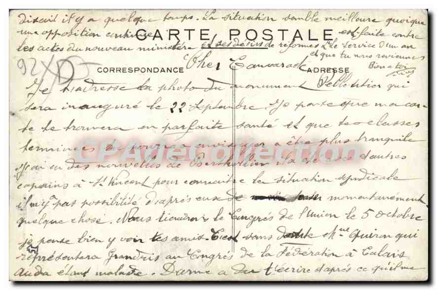 CPA Pelloutier Bronze Du Monument cimetière de Sevres Confédération Générale du Travail CGT organisa — Rückseite