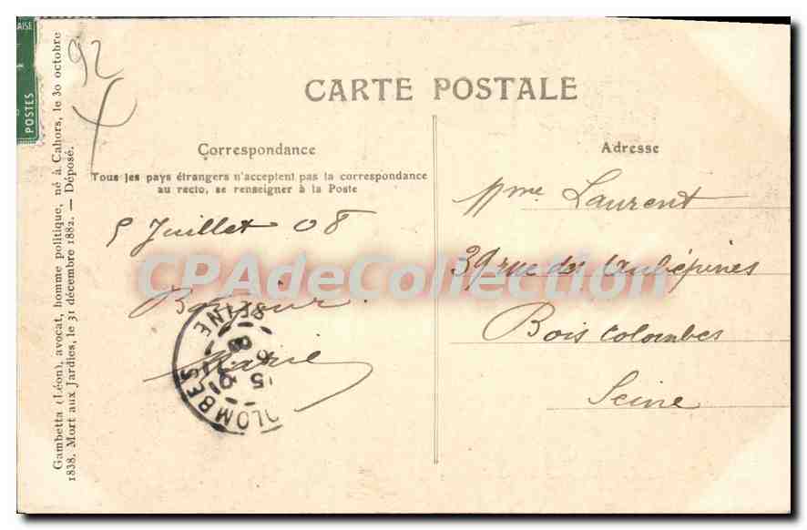 CPA Ville D'Avray Maison de Gambetta les jardies Son Cabinet De Travail — Rückseite