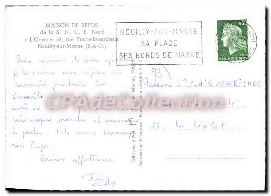 CPSM Neuilly Sur Marne Oasis Rue Pierre Brossolette Maison De Repos SNCF — Back