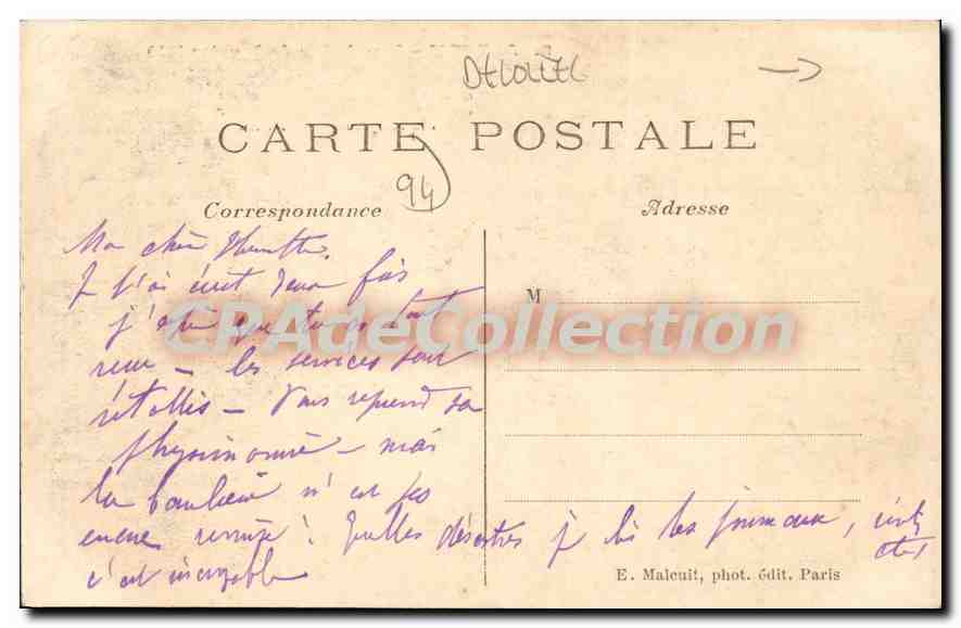 CPA Alfort Inondation De Janvier 1910 La Rue Des Deux Moulins Submergee — Rückseite