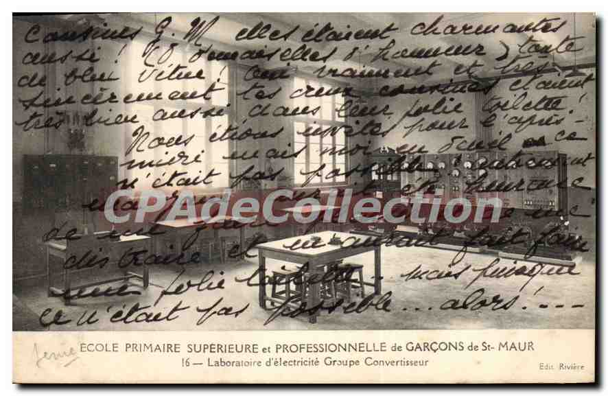 Tarjeta postal antigua St Maur Des Fosses escuela primaria Superieure Et Professionnelle laboratorio de electricidad convertidor