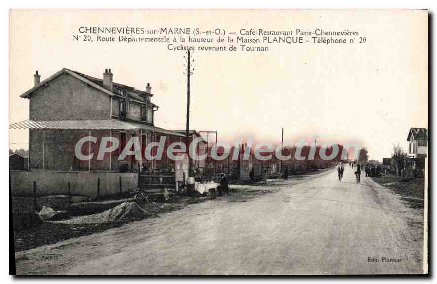 Chennevières-sur-Marne (S.-et-O.) — Café-Restaurant Paris-Chennevières — Cyclistes revenant de Tournan — Éd. Planque