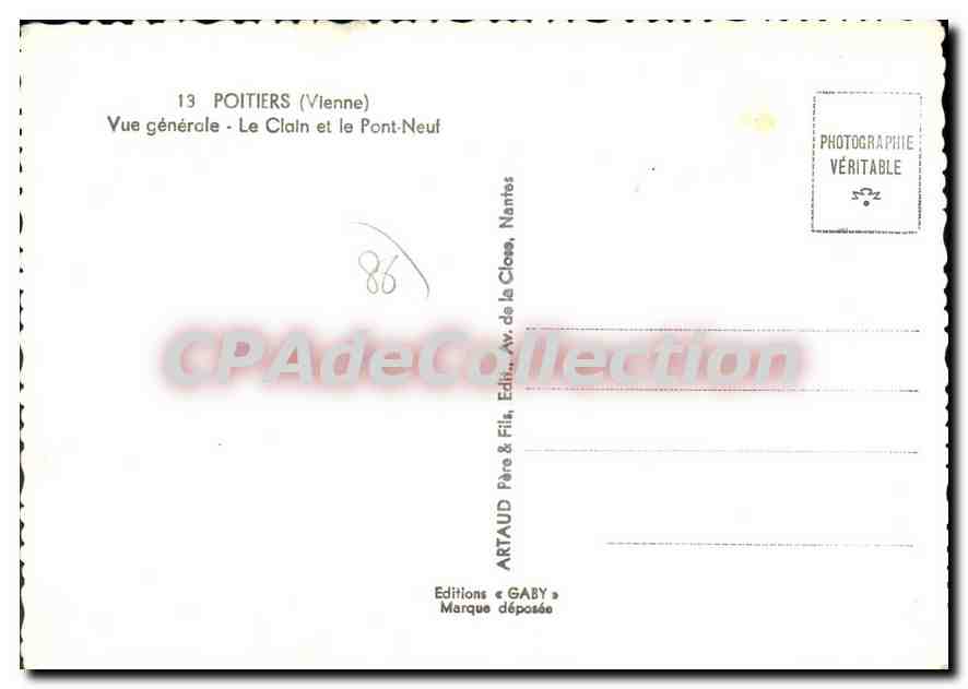 Poitiers (Vienne) — Vue générale - Le Clain et le Pont-Neuf — Editions Gaby — Rückseite