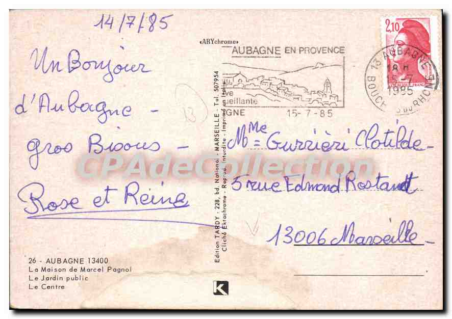 CPSM Aubagne La Maison De Marcel Pagnol jardin centre — Rückseite