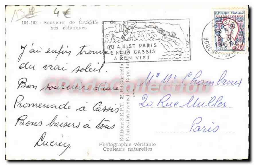 Cassis et ses calanques — Éditions S.E.P.T. Paris, n° 164-162 — Verso