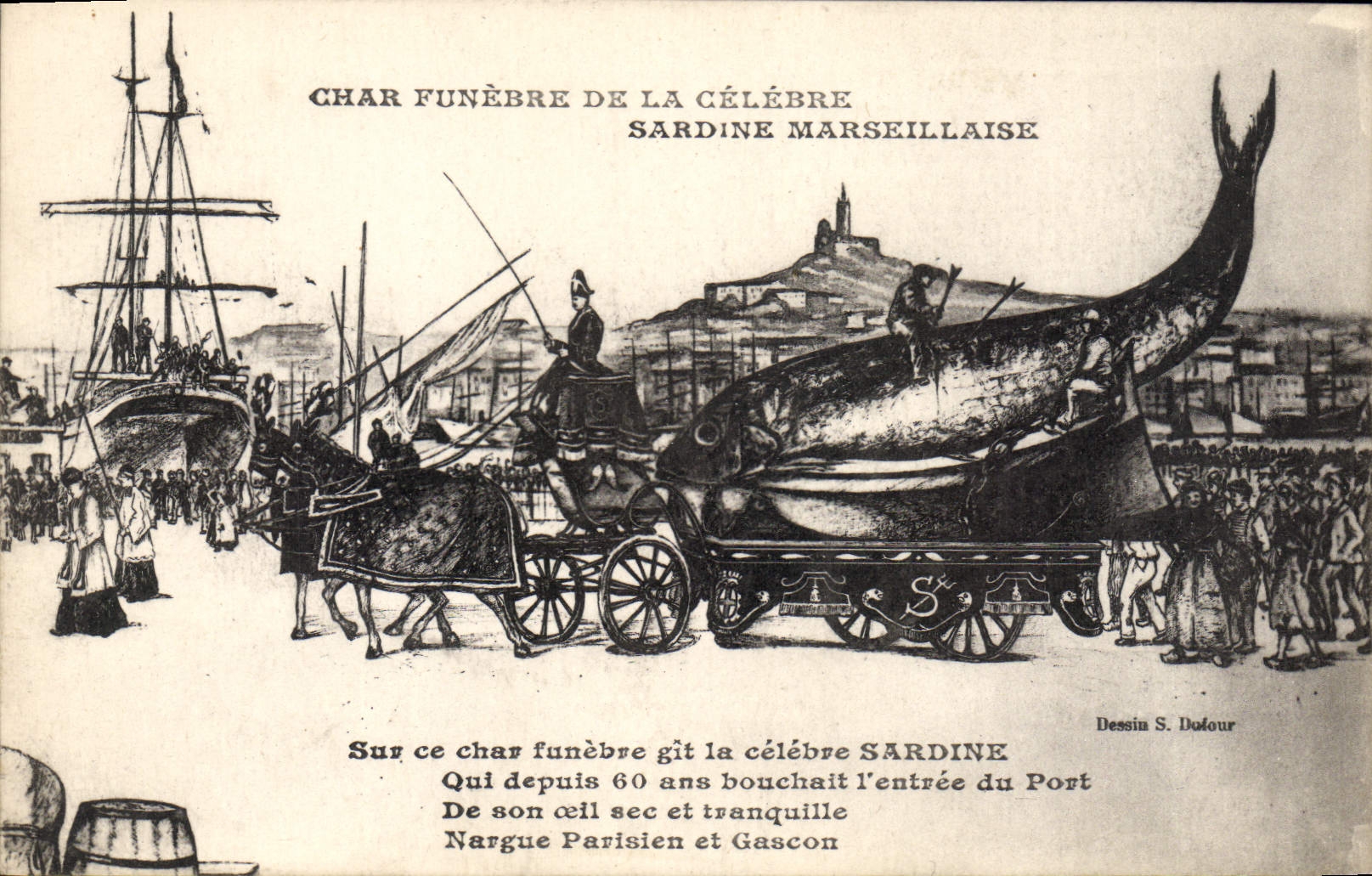 Char funèbre de la célèbre sardine marseillaise — Dessin S. Dolour