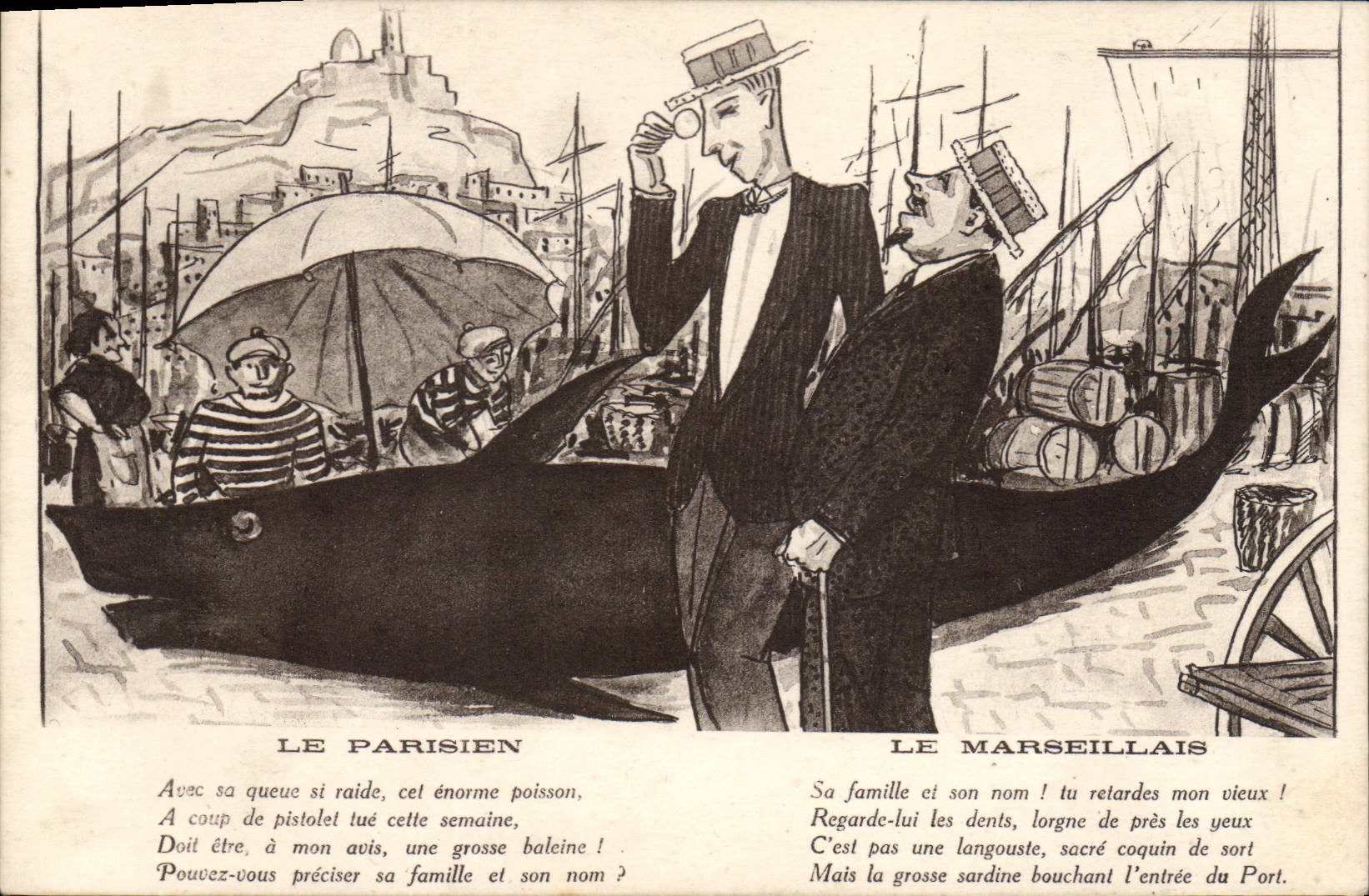 Parisien et Marseillais — caricature de deux hommes discutant d'une baleine en mer — éditeur : LE PARISIEN