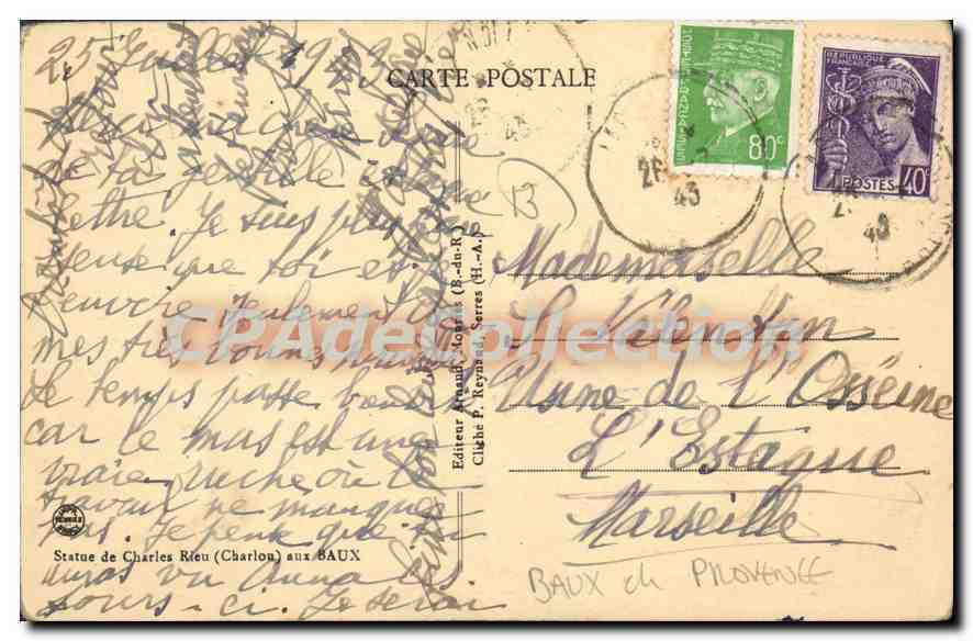 Estatua de Charles Rieu (Charlon) en los BAUX — Editor F. Reynaud (H.-A.) — Reverso