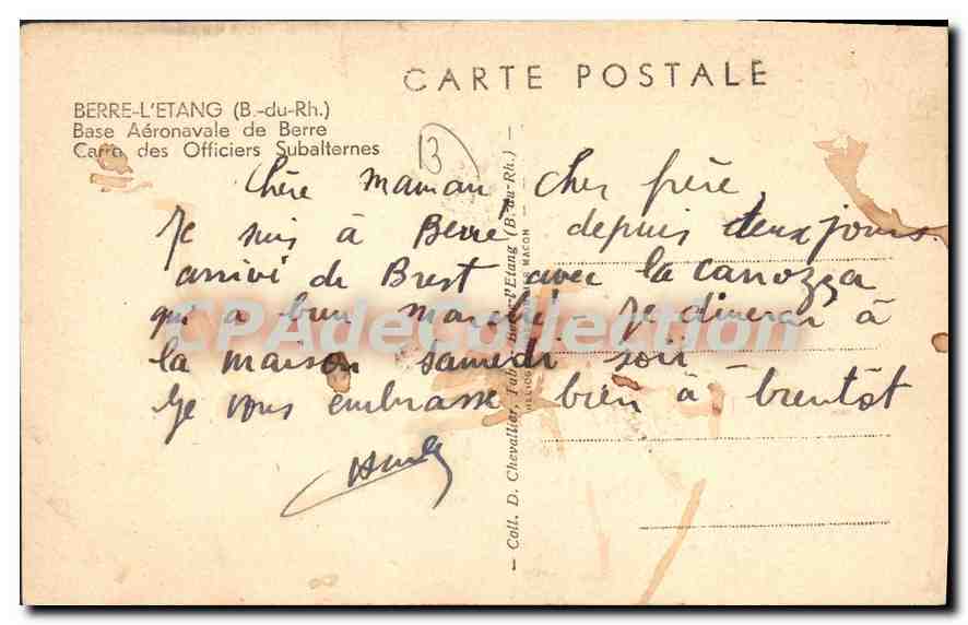 CPA Berre L'Etang Base Aeronavale Carré des officiers — Verso