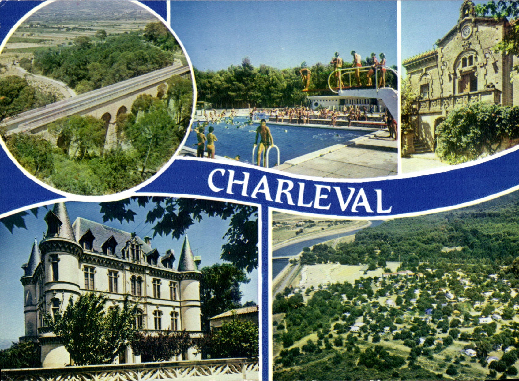 Charleval — vue panoramique avec piscine, château et viaduc — Imprimeur Combiére, n° 13.024 - Anverso