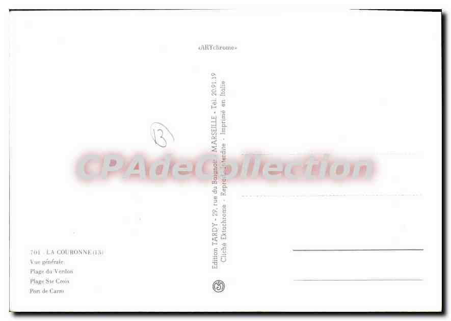 La Couronne (13) — Plage du Verdon, Plage Ste Croix, Port de Carno — Édition Tardy — Verso