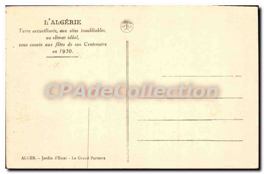 Jardin d'Essai - Le Grand Parterre — Algérie — éditeur SPÉGA, n° de série non visible — Verso