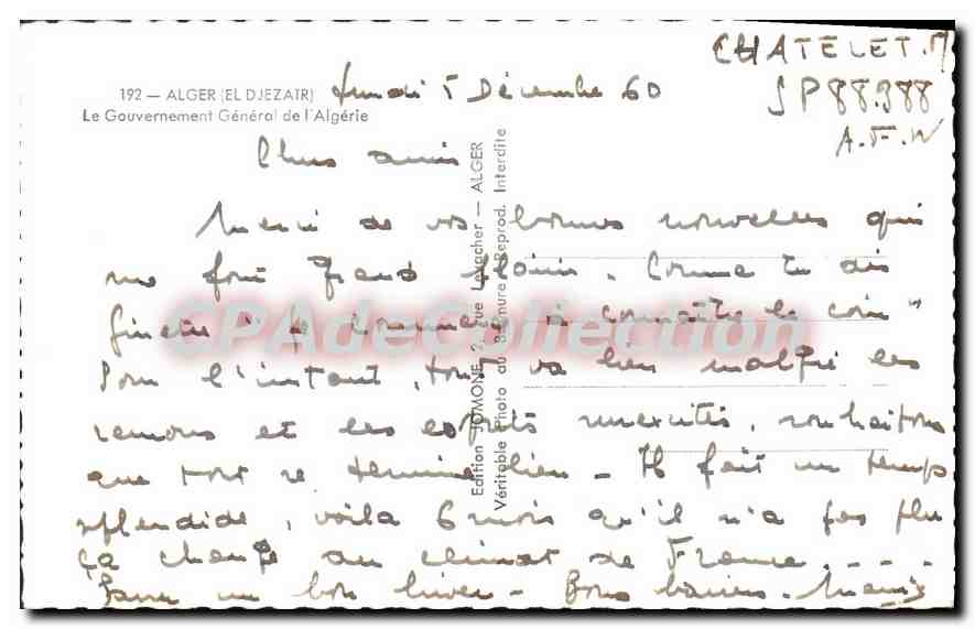 CPA Alger Le Gouvernement General De I'Algerie — Back