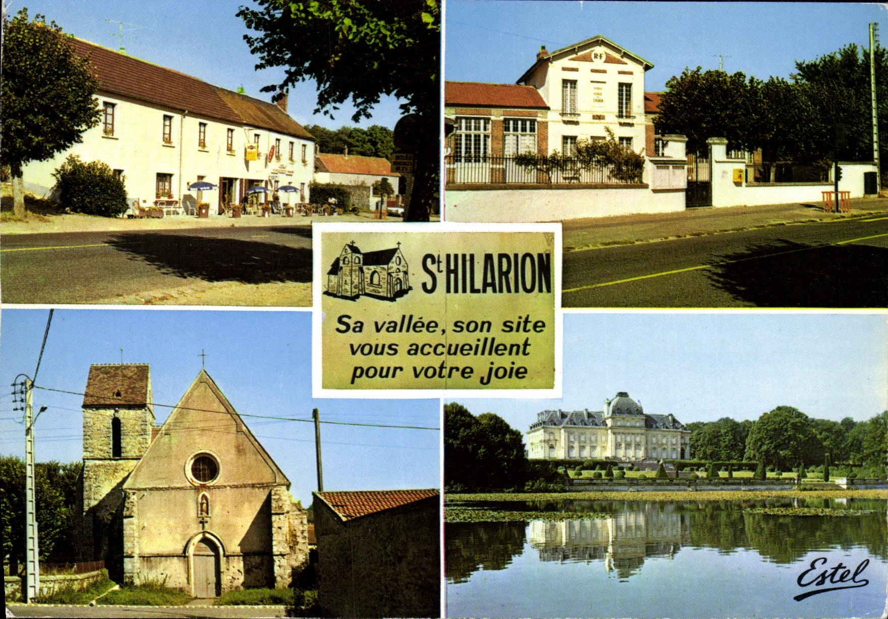 Saint-Hilarion — vue de la mairie-école, du château, de l'église et de la vallée — Estel