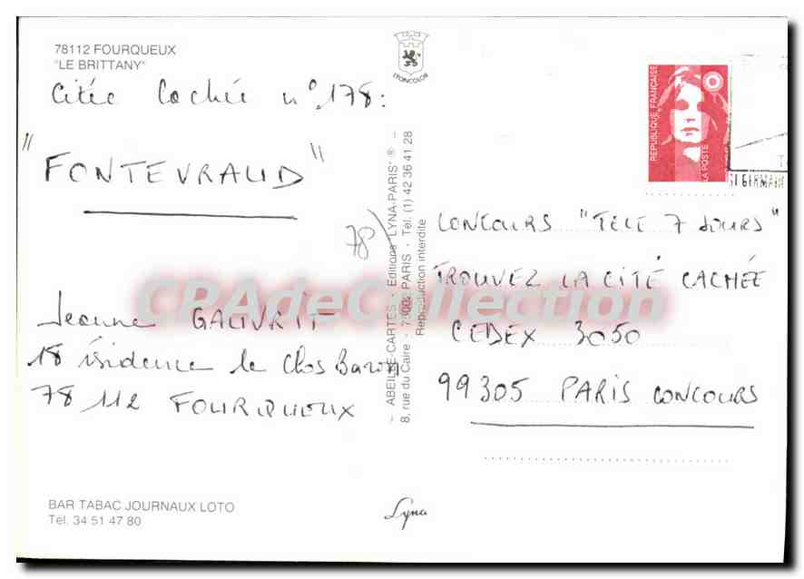 Fourqueux — vue de la rue principale avec le bar-tabac 'Le Brittany' — éditeur Abeille-Cartes — Achterkant