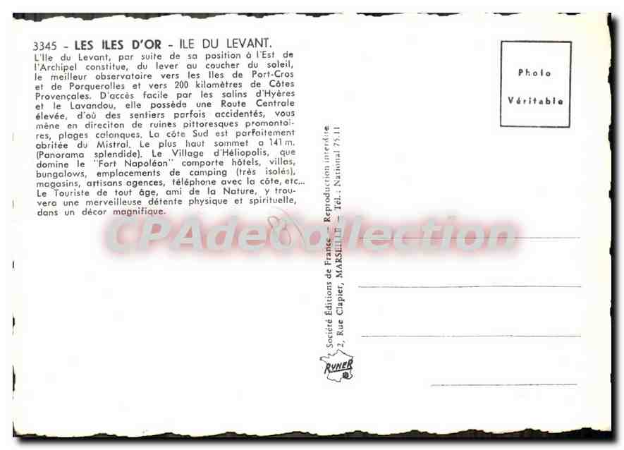 Insel Levant — Illustrierte Touristenpostkarte — Éditions de France, Nr. 3345 — Rückseite