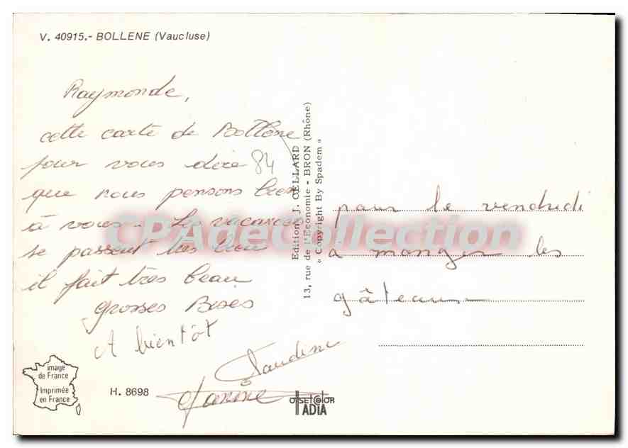 Bollène — vue de la ville — Édition J. GELLARD — Verso